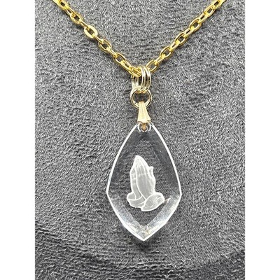 Necklace Praying Hands Glass Religious Devotional Gold Toned 23" Hypoallergenic